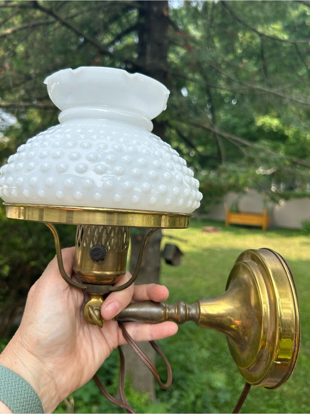 Vintage Lamp White Hobnail Glass Wall Sconce Brass Finish Electric Cottagecore